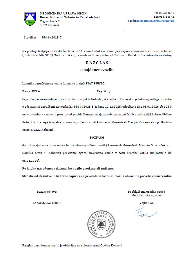 Razglas o zapuščenem vozilu